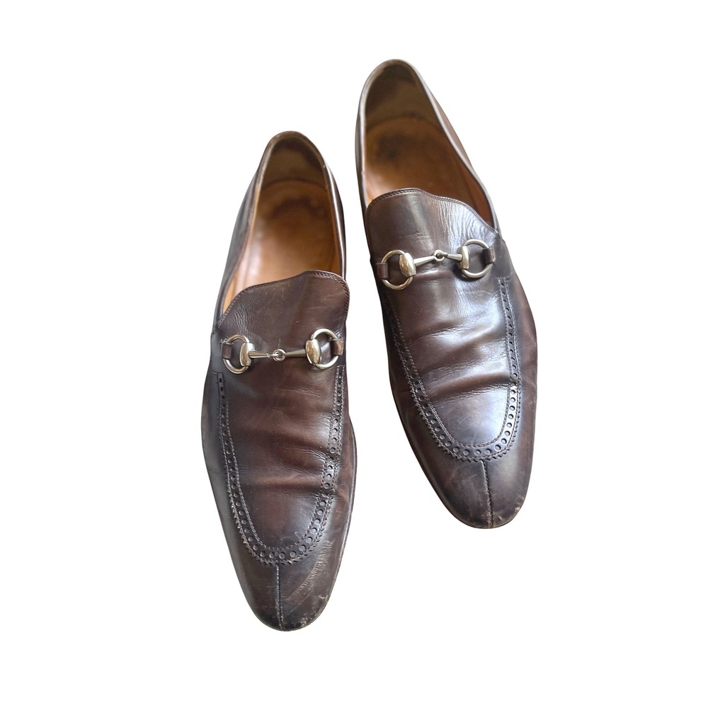 Gucci Dark Brown Leather Loafers with Silver Accents